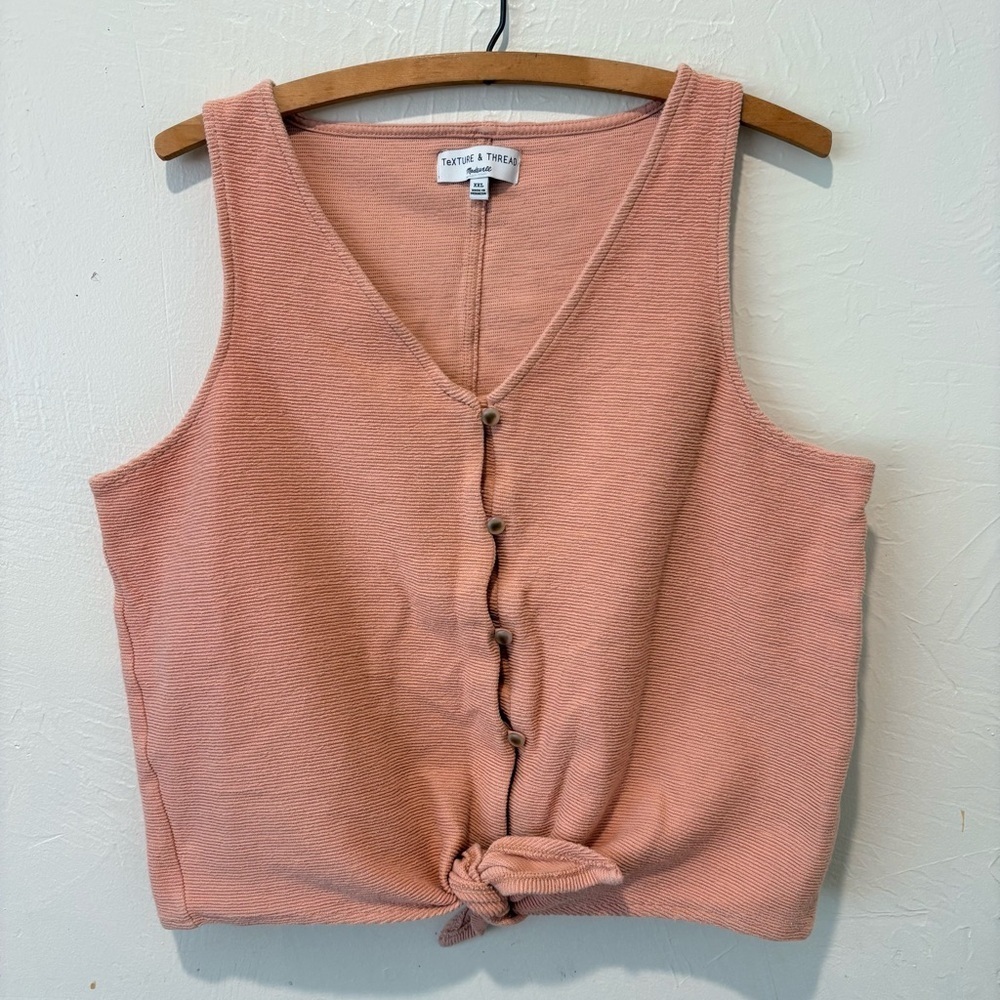 Maxwell Texture & Thread Button Front Tie Tank Top